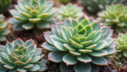 Fototapeta premium Close-up view of multiple succulents, showcasing intricate details, textures and vibrant green hues