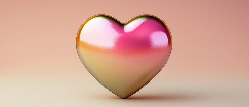 Glossy metallic heart with glowing pink to gold ombre effect on soft gradient background