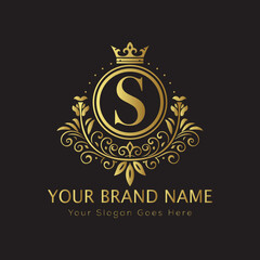 Letter Luxury brand logo design with a royal gold crown emblem and elegant typography
