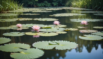 Peaceful Water Lily Pond with Pink Blossoms