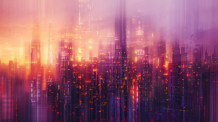 Obraz premium An abstract representation of a city skyline at dusk, with blurred lights and soft gradients of purple and orange, evoking a dreamy urban atmosphere