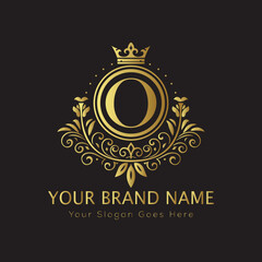 Letter Luxury brand logo design with a royal gold crown emblem and elegant typography
