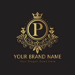 Letter Luxury brand logo design with a royal gold crown emblem and elegant typography
