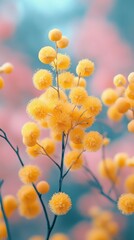 Fototapeta premium Yellow mimosa flowers on a blurred background with soft spring colors of pink and green