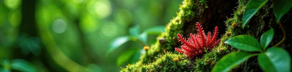 Red epiphyte in tree crevice amidst lush paramo foliage, paramo, plant