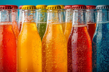 A row of bottles filled with different colored soda bottles