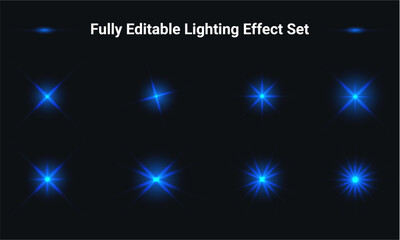 Blue lighting effect set. Bright lighting isolated on transparent background. Art design sparkles lens template. Creative vector illustration of light effect. Glowing star burst with sparkles. 