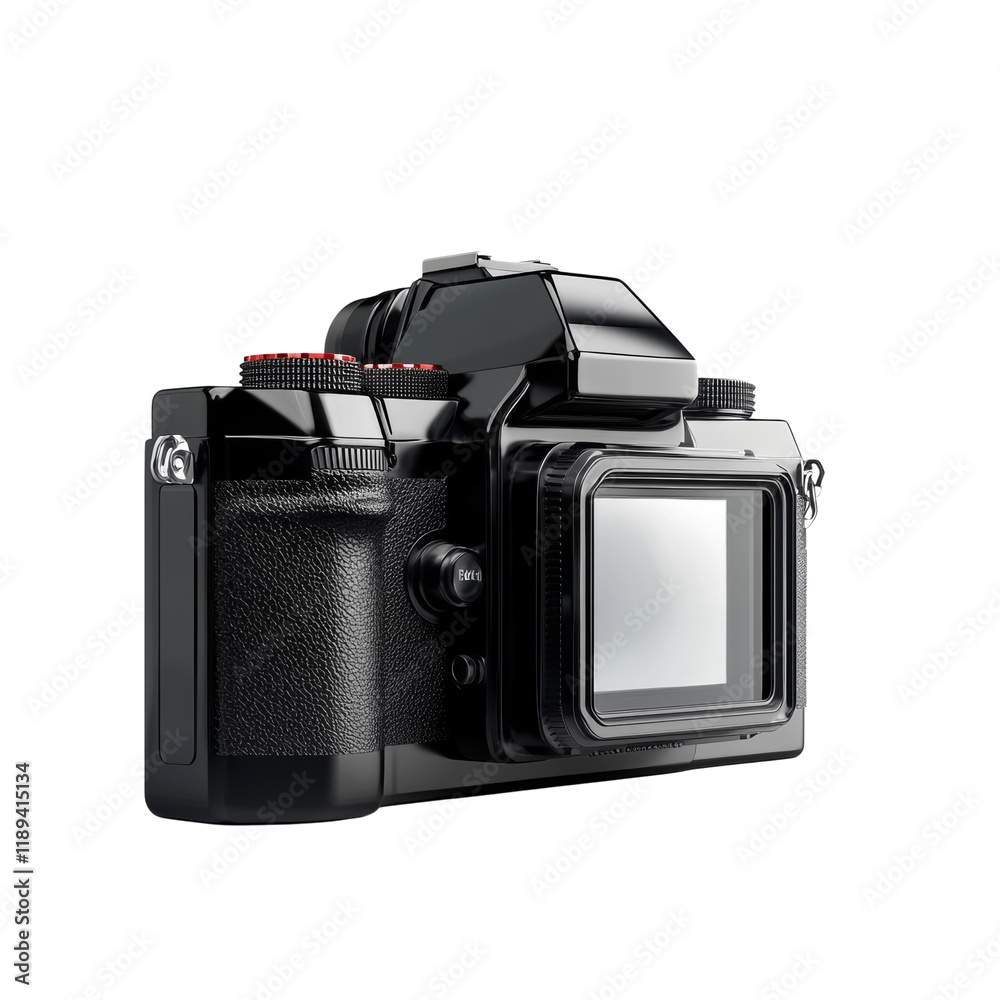 Poster a rear view of a stylish black digital camera showcasing its screen and controls.
