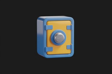 A small, cartoonish safe with a yellow interior and blue exterior, featuring a combination lock.