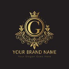 Letter Luxury brand logo design with a royal gold crown emblem and elegant typography
