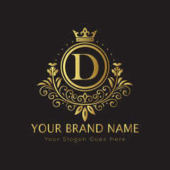 Letter Luxury brand logo design with a royal gold crown emblem and elegant typography
