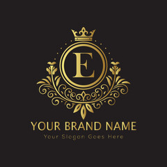 Letter Luxury brand logo design with a royal gold crown emblem and elegant typography
