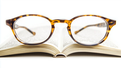 A pair of glasses lies neatly on an open book on a white background, symbolizing eye health in a lifestyle photography style.