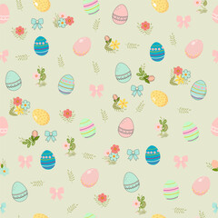 Easter pattern with eggs and flowers and bows in pastel colors