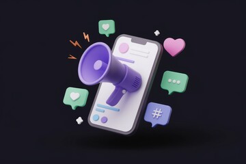 Mobile phone with megaphone promoting social media engagement and online marketing.