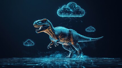 Digital dinosaur in a futuristic cloud computing environment.