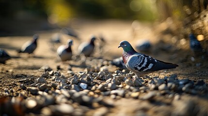 close-up of clay pigeon fragments scattered on ground their textures with range blurred in background
