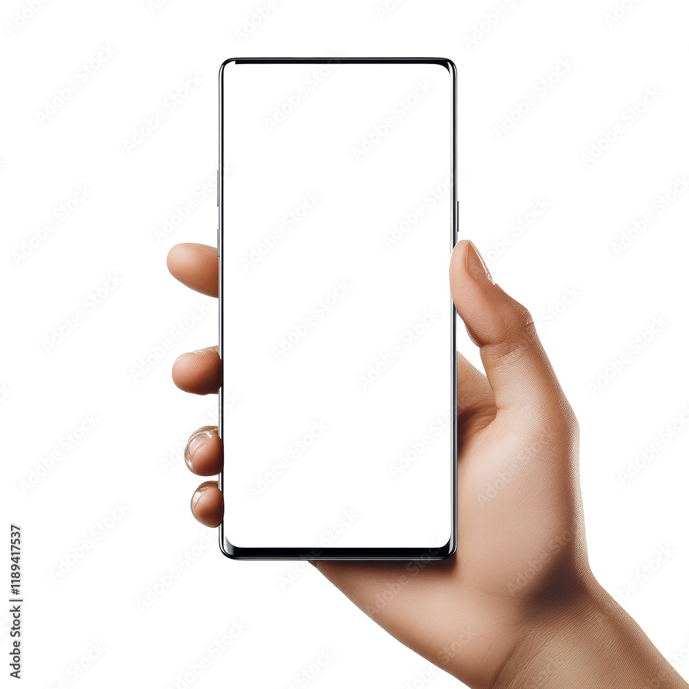 Poster a close-up image shows a hand holding a black smartphone with a blank screen against a black backgro