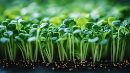Obraz premium Close-up of vibrant green microgreens sprouting from dark soil.