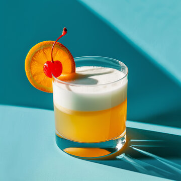 Whiskey sour cocktail on a brightly colored blue background