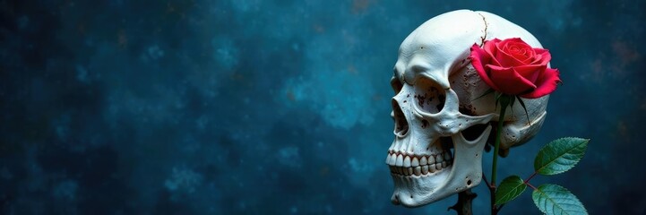Obraz premium Skull and blooming red rose against stark blue background, abstract, eerie