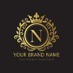 Letter Luxury brand logo design with a royal gold crown emblem and elegant typography
