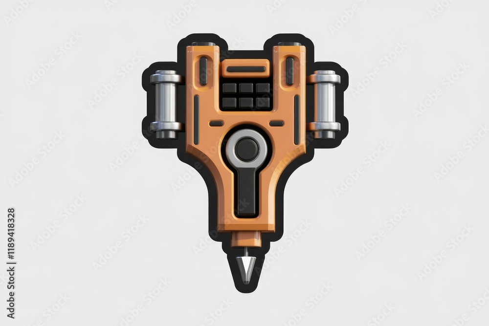 Poster a futuristic, orange-colored device with a pointed end, possibly a drill or mining tool.