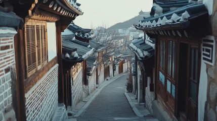 Obraz premium Charming Alleyways of Bukchon Hanok Village: Traditional Korean Architecture in the Heart of Seoul