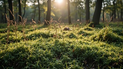 Obraz premium Tranquil forest moss bathed in sunlight with dewdrops accentuating its lush green velvet texture