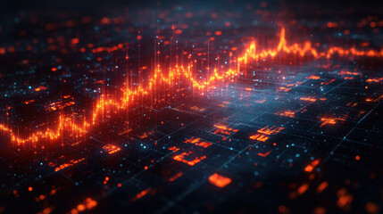 A digital visualization of a financial market trend with a glowing orange line representing data fluctuations against a dark, grid-like background filled with numbers and symbols.