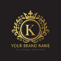 Letter Luxury brand logo design with a royal gold crown emblem and elegant typography
