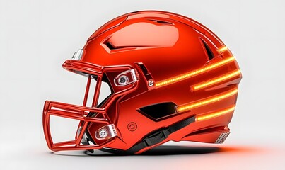 Fototapeta premium Sleek orange football helmet with illuminated stripes.