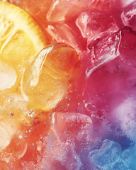 Fototapeta premium Vibrant ice cubes and lemon slice in colorful beverage