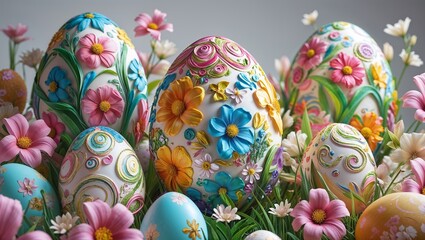 intricately painted easter eggs with stunning floral detail in close up shot generative ai