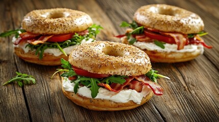 Freshly prepared bagel sandwiches filled with crispy bacon, crunchy lettuce, and juicy tomato