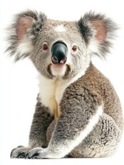 Naklejka premium Relaxed koala with gray fur sitting and looking at the camera on a white background