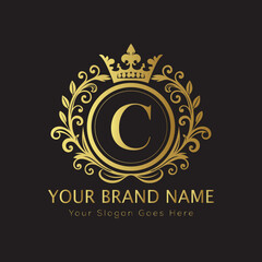 Letter Luxury brand logo design with a royal gold crown emblem and elegant typography
