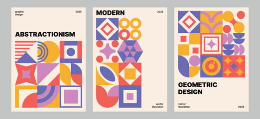 Abstract Bauhaus poster collection. Bauhaus geometric pattern background, circle, square, triangle graphic design. Modern style vector. © Vlada