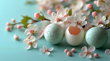 Obraz premium Beautiful pink flowers emerging from cracked eggshells on mossy ground in a serene setting