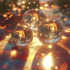 three glass orbs sit on a glittery surface