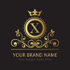 Letter Luxury brand logo design with a royal gold crown emblem and elegant typography
