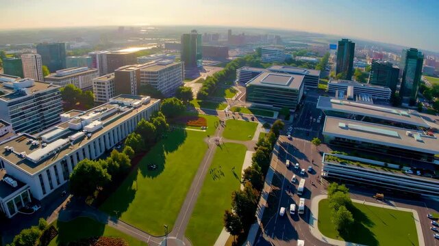 green Airport city park on a sunny summer morning, panoramic view from high-angle perspective reveals a bustling metropolis surrounded by lush greener