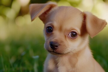 A small brown dog sits on the edge of a vibrant green field, enjoying the scenery