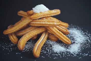 Freshly baked churros piled high on a dark background, perfect for food photography or dessert inspiration