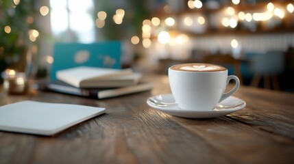 Latte art coffee, cozy cafe, books, notepad