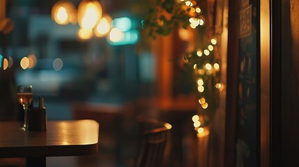 Fototapeta premium Blurred Coffee Shop Interior with Warm Lights and Coffee Glass