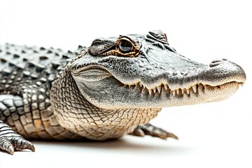 Obraz premium Saltwater crocodile lying calmly with its mouth slightly open on a white background
