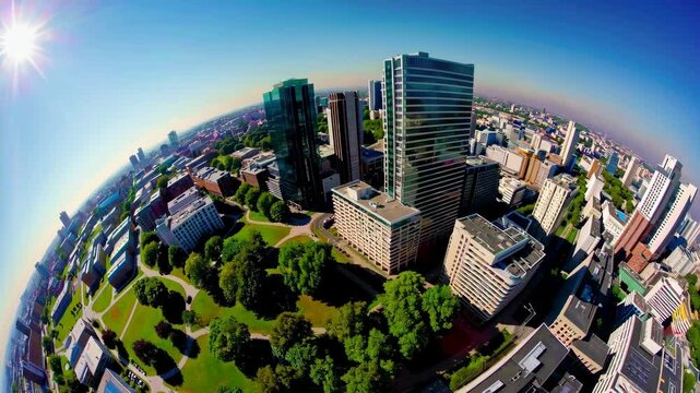 green Airport city park on a sunny summer morning, panoramic view from high-angle perspective reveals a bustling metropolis surrounded by lush greener