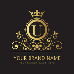 Letter Luxury brand logo design with a royal gold crown emblem and elegant typography

