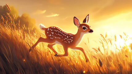 A lively fawn gracefully running through golden grass under a warm, glowing sunset. Duskfall. Illustration
